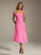 Women's floral lace square neck tea-length formal dress