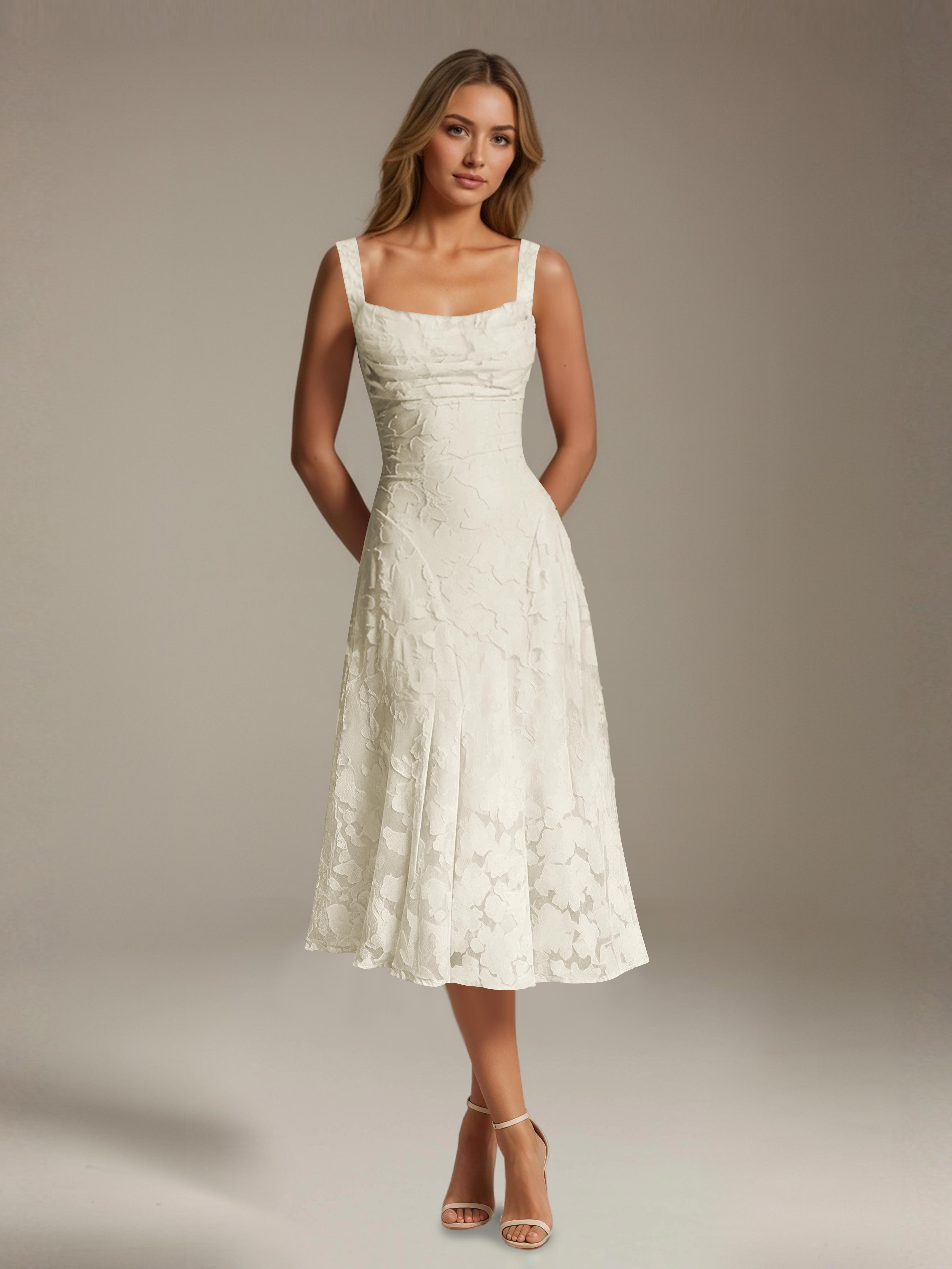 Women's floral lace square neck tea-length formal dress