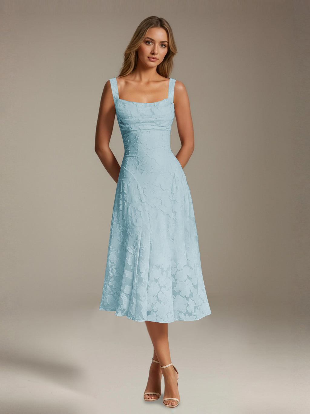 Women's floral lace square neck tea-length formal dress