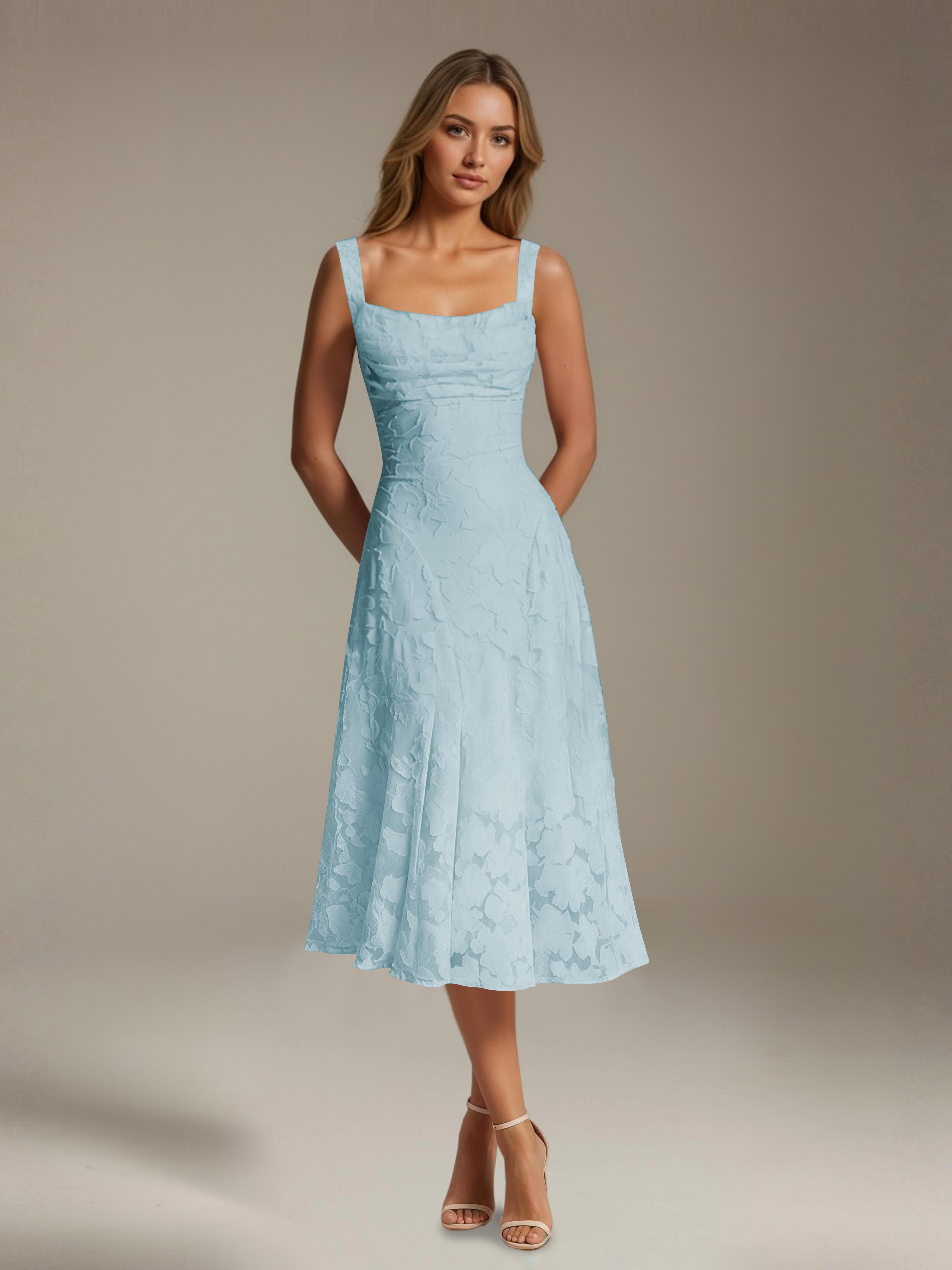 Women's floral lace square neck tea-length formal dress