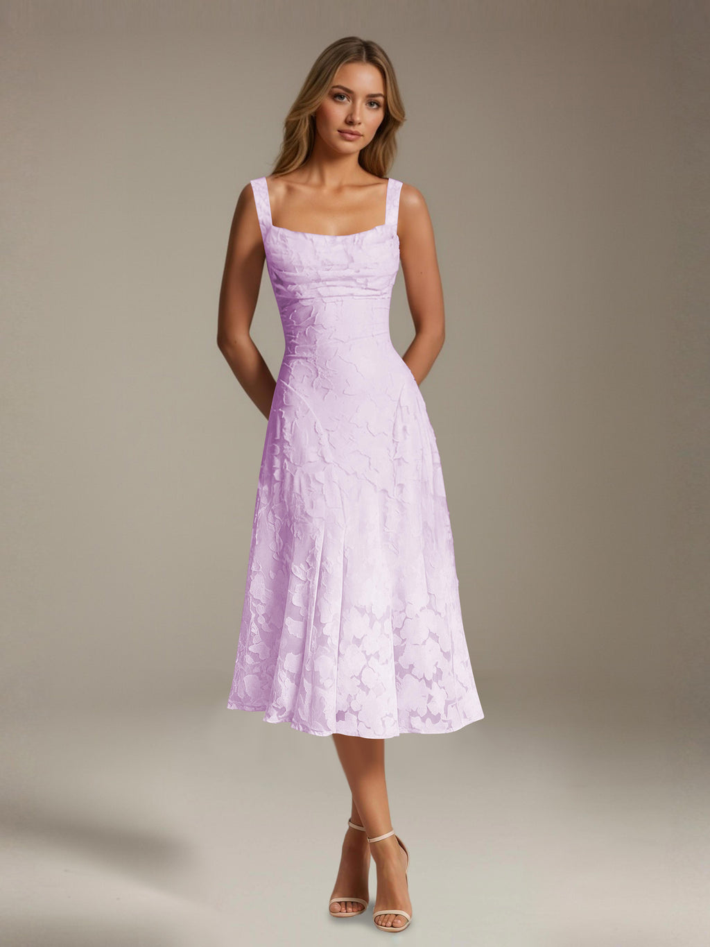Women's floral lace square neck tea-length formal dress