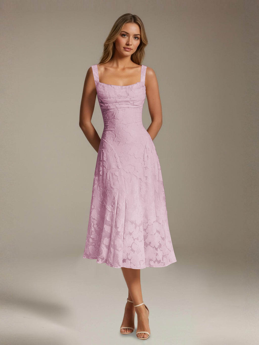 Women's floral lace square neck tea-length formal dress