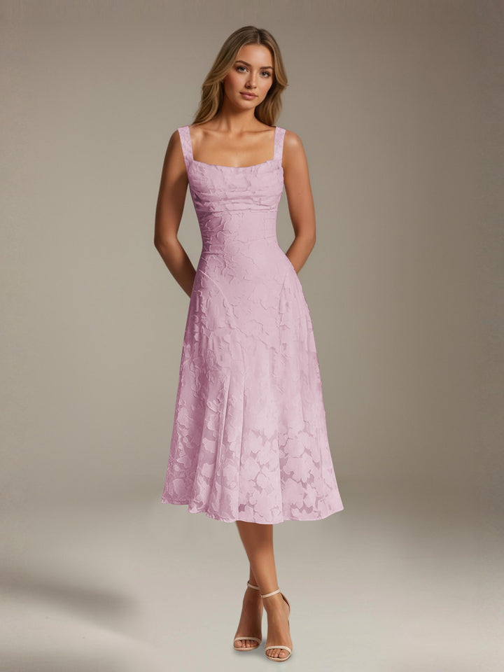 Women's floral lace square neck tea-length formal dress
