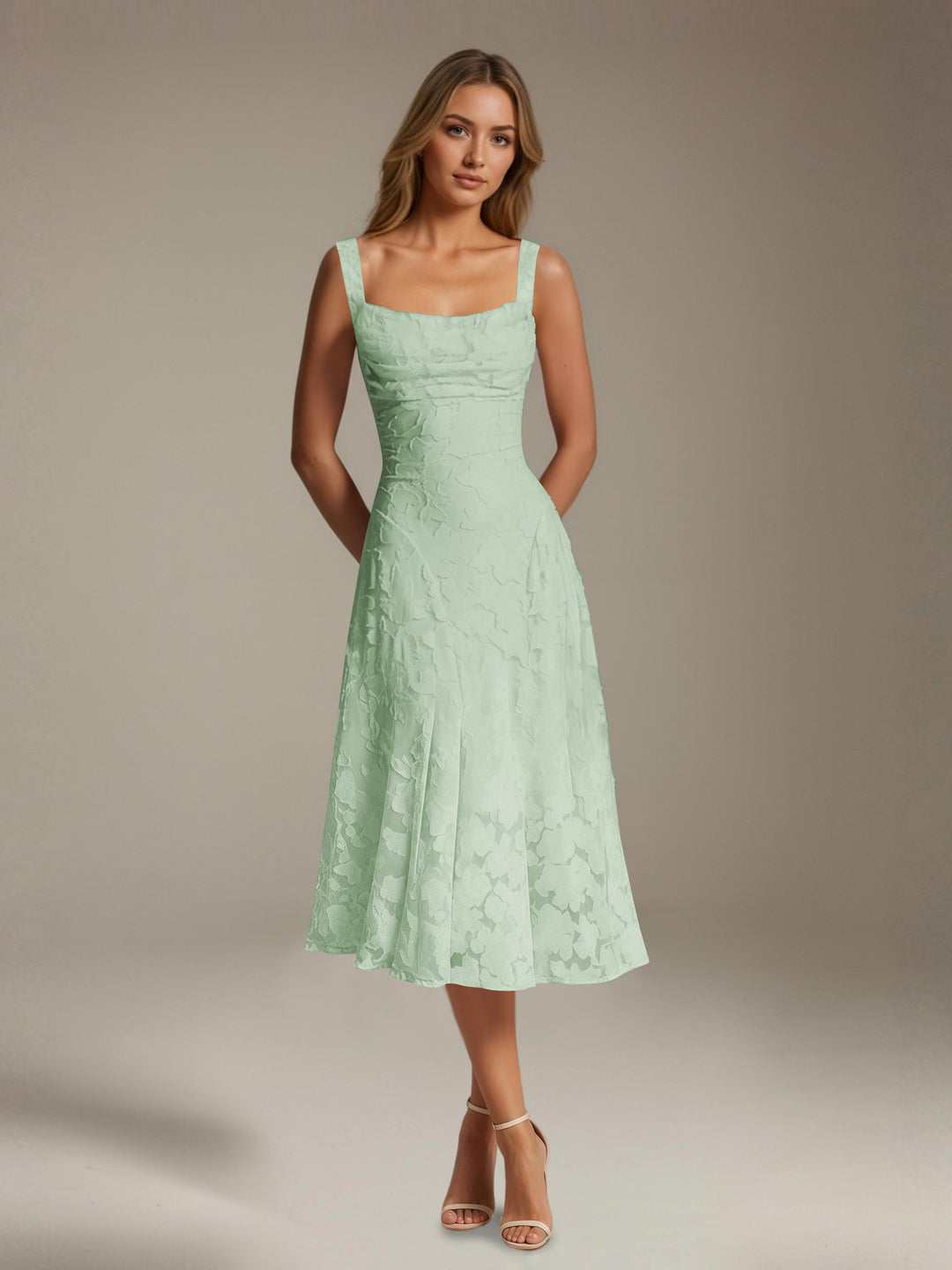 Women's floral lace square neck tea-length formal dress