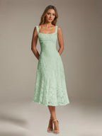 Women's floral lace square neck tea-length formal dress