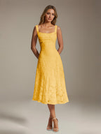 Women's floral lace square neck tea-length formal dress