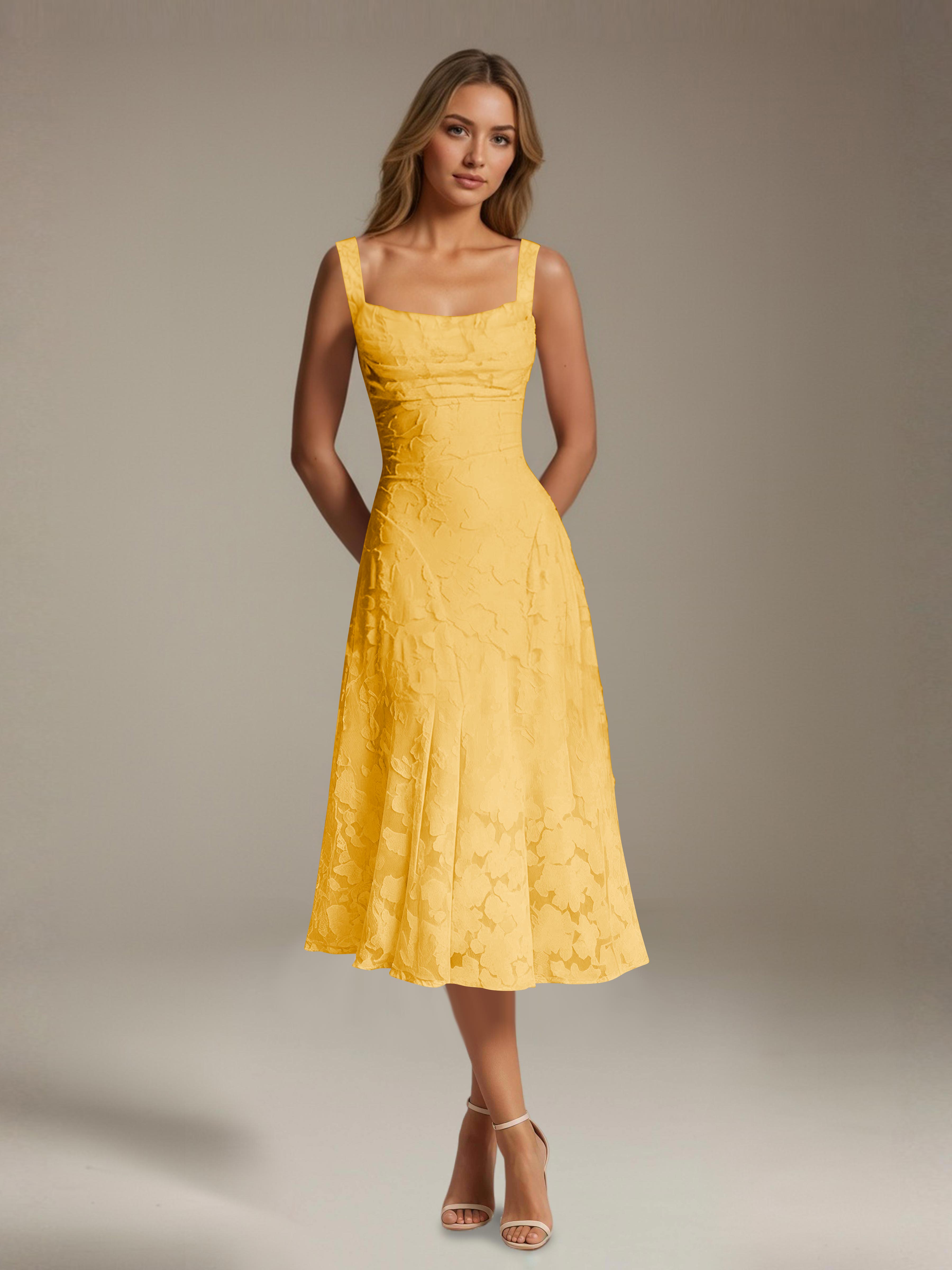 Women's floral lace square neck tea-length formal dress