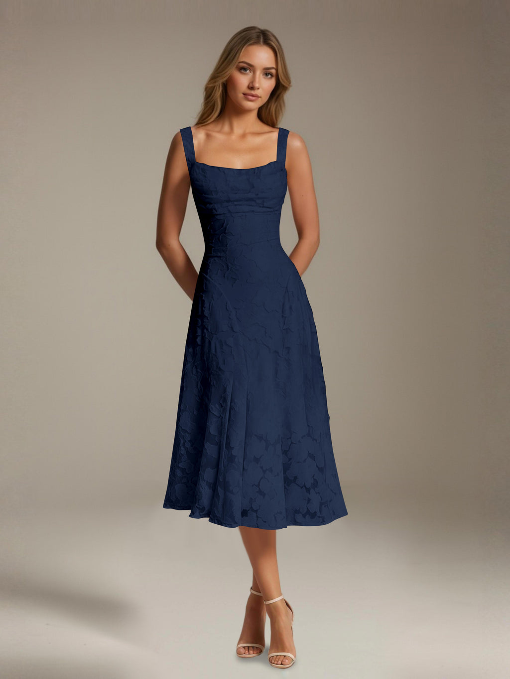 Women's floral lace square neck tea-length formal dress