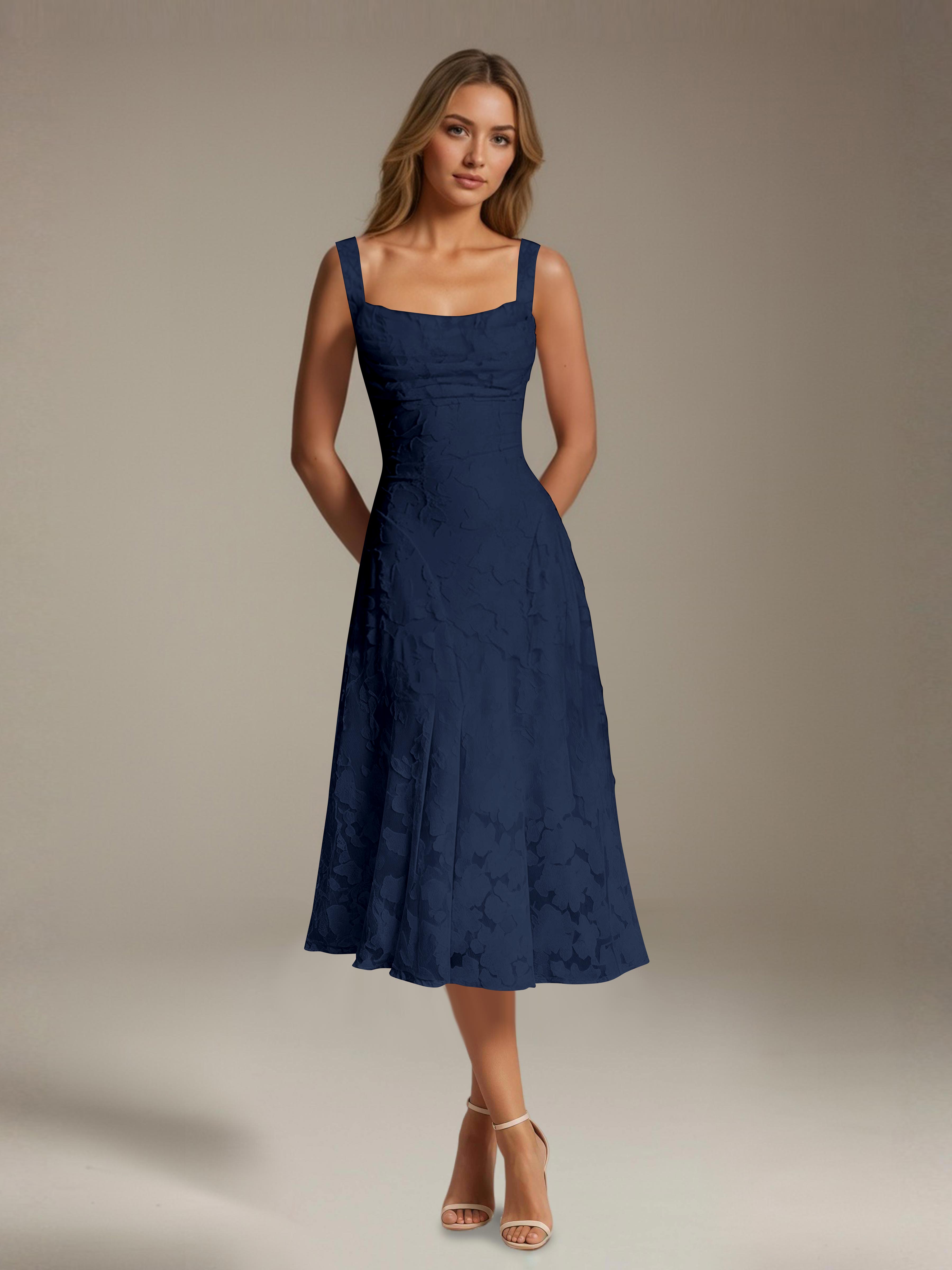 Women's floral lace square neck tea-length formal dress