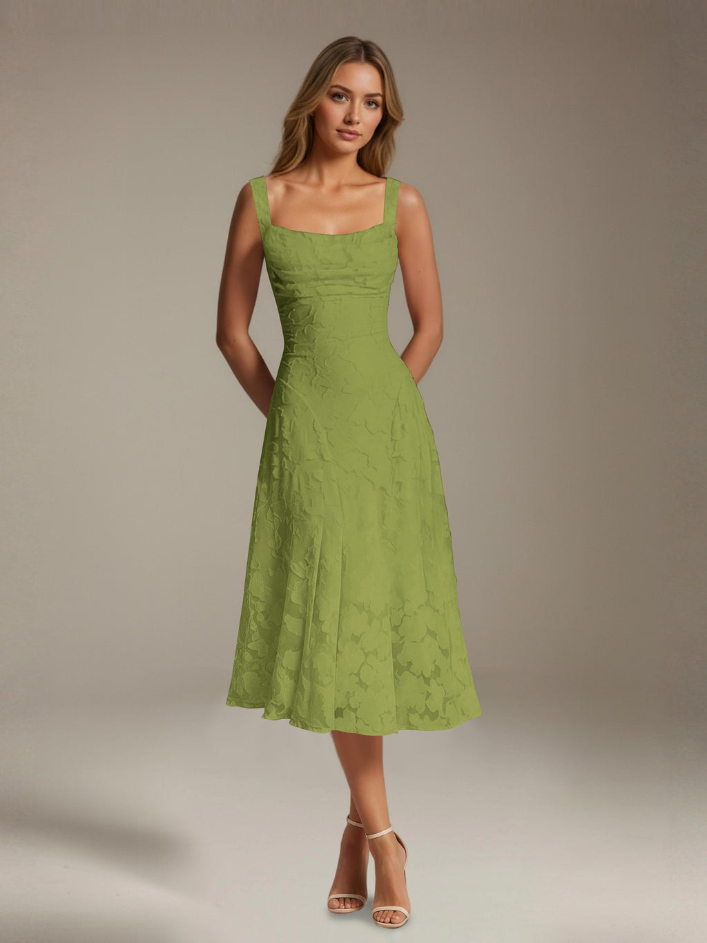 Women's floral lace square neck tea-length formal dress