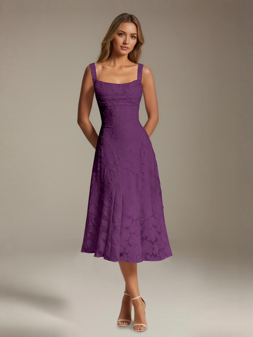 Women's floral lace square neck tea-length formal dress