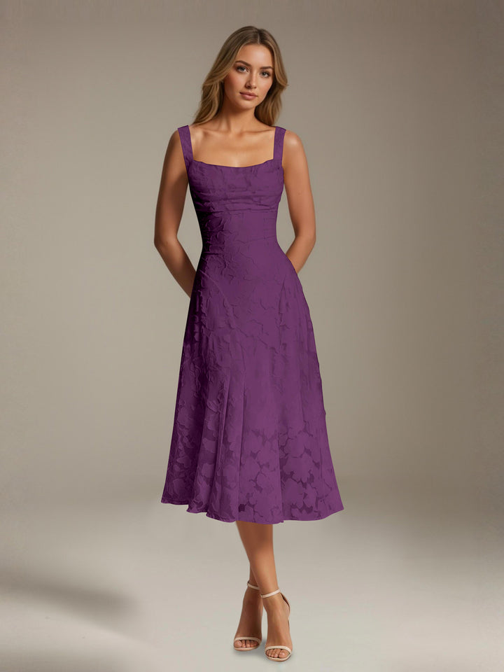 Women's floral lace square neck tea-length formal dress