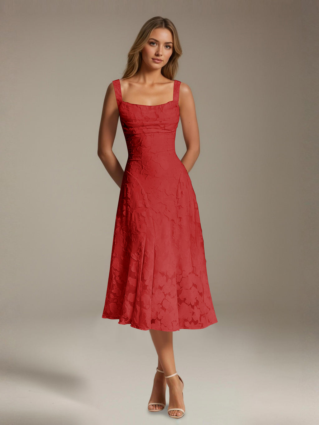 Women's floral lace square neck tea-length formal dress