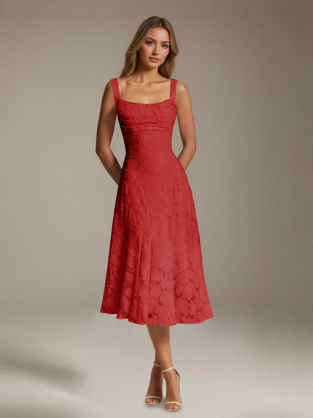 Women's floral lace square neck tea-length formal dress