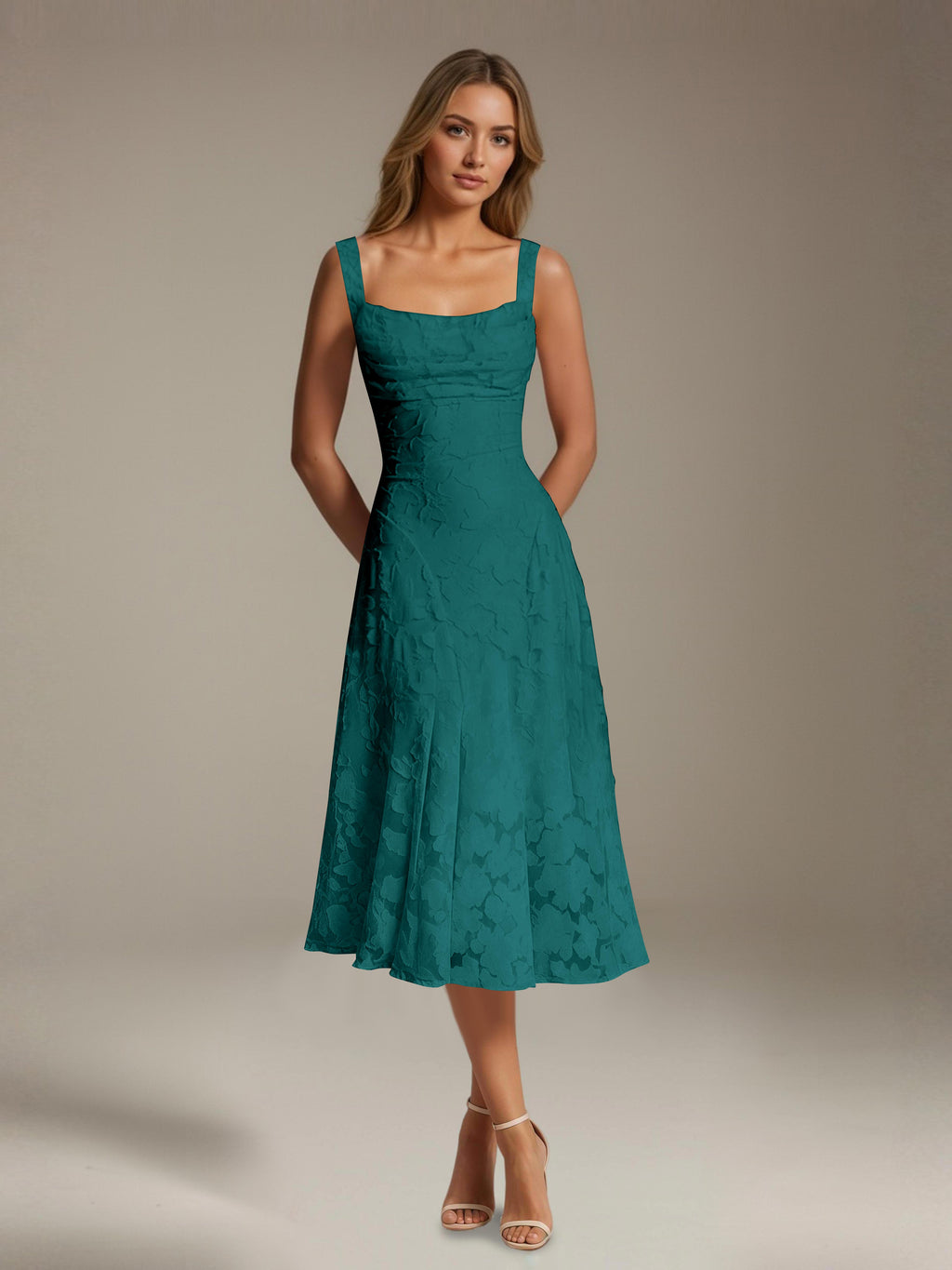 Women's floral lace square neck tea-length formal dress