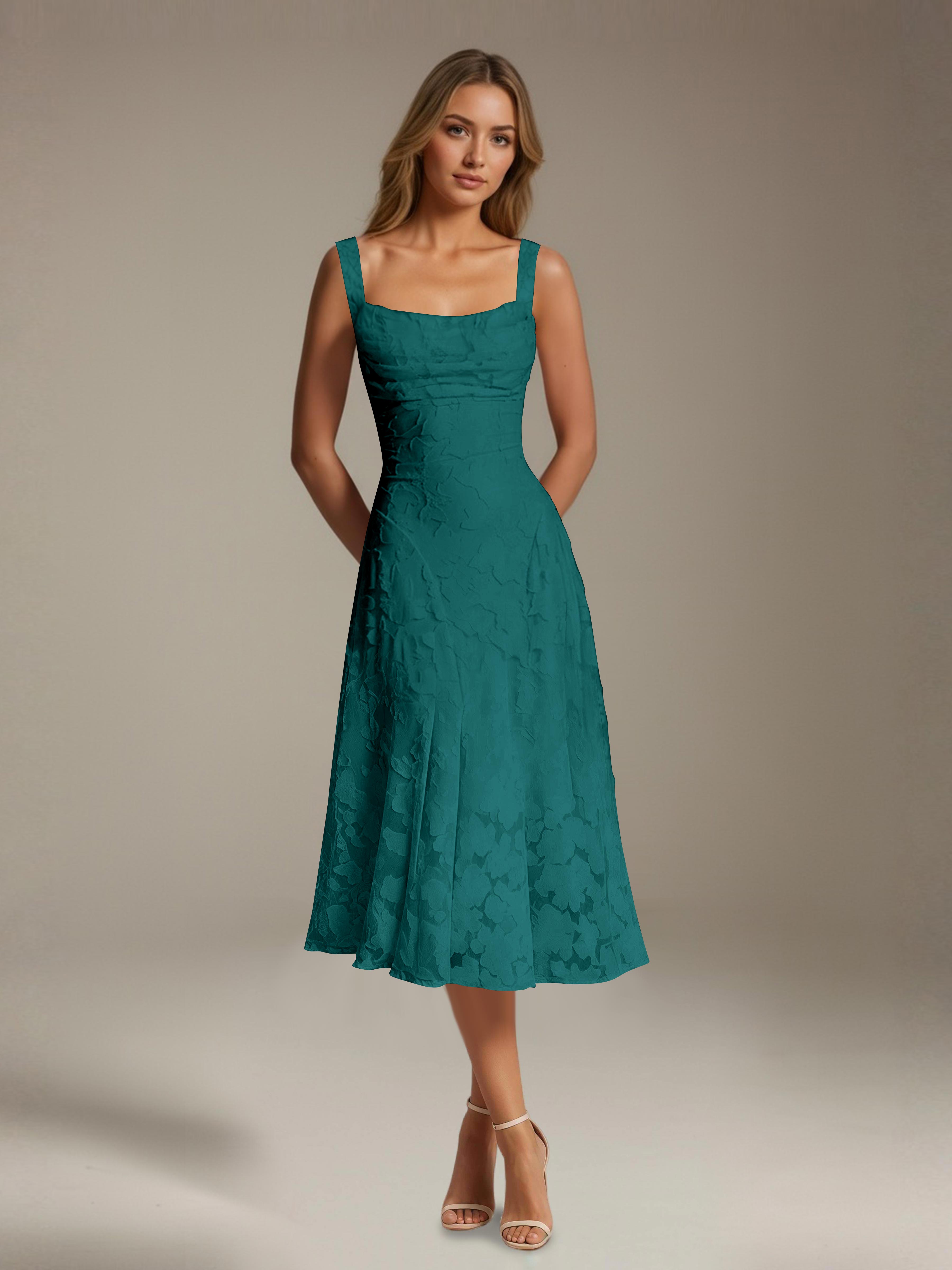 Women's floral lace square neck tea-length formal dress