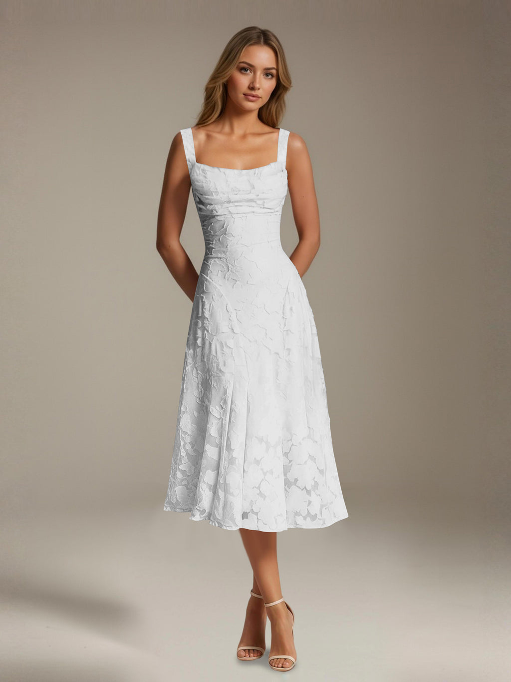Women's floral lace square neck tea-length formal dress