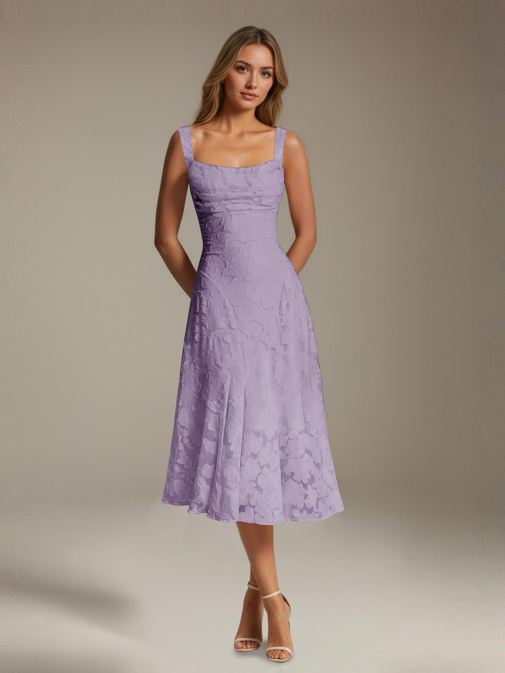 Women's floral lace square neck tea-length formal dress