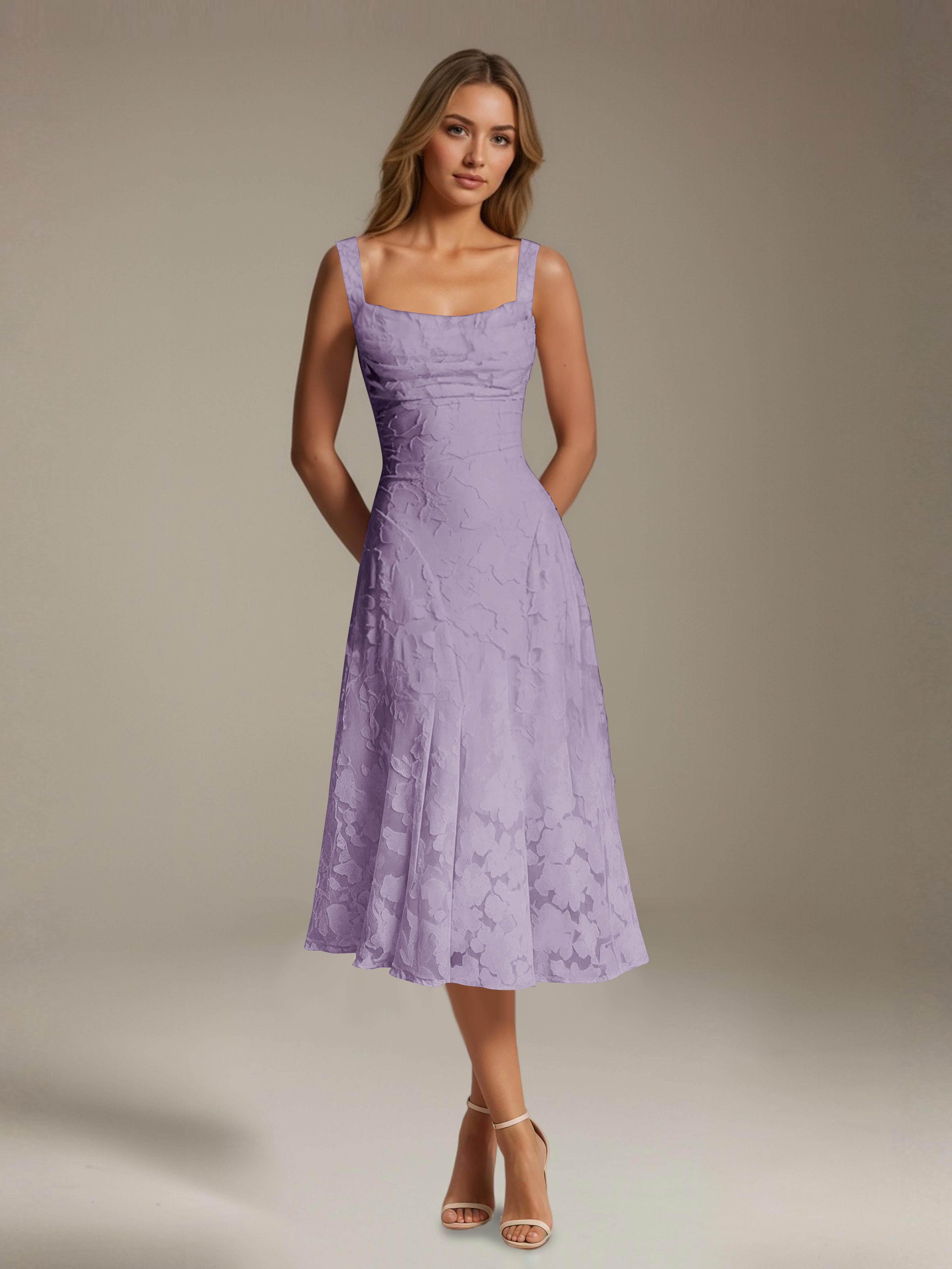 Women's floral lace square neck tea-length formal dress