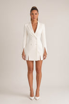 Women's tailored double-breasted blazer mini dress with long sleeves and front splits