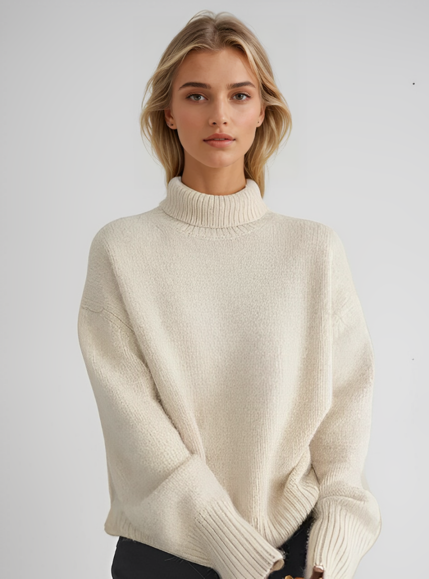 Women's ribbed turtleneck sweater with long sleeves and relaxed fit