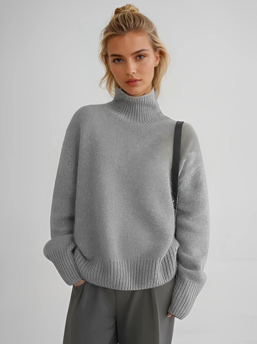 Women's ribbed turtleneck sweater with long sleeves and relaxed fit