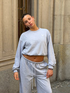 Women's light gray cropped crewneck sweatshirt with long sleeves