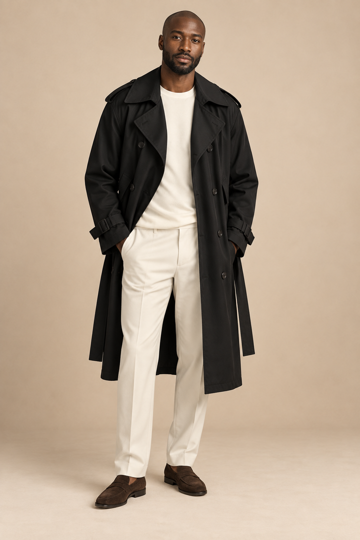Men's black double-breasted trench coat with a waist belt and epaulettes