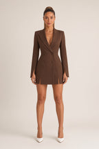 Women's tailored double-breasted blazer mini dress with long sleeves and front splits