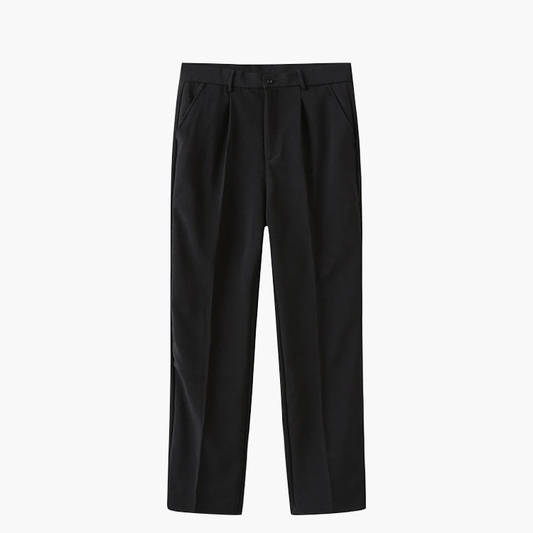 High-waist pleated straight-leg trousers with belt loops
