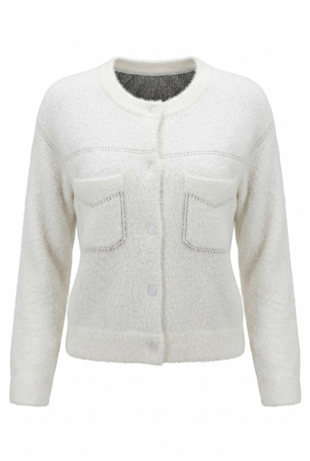 Women's white textured knit jacket with crew neck, buttons and two front pockets