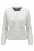Women's white textured knit jacket with crew neck, buttons and two front pockets