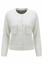Women's white textured knit jacket with crew neck, buttons and two front pockets
