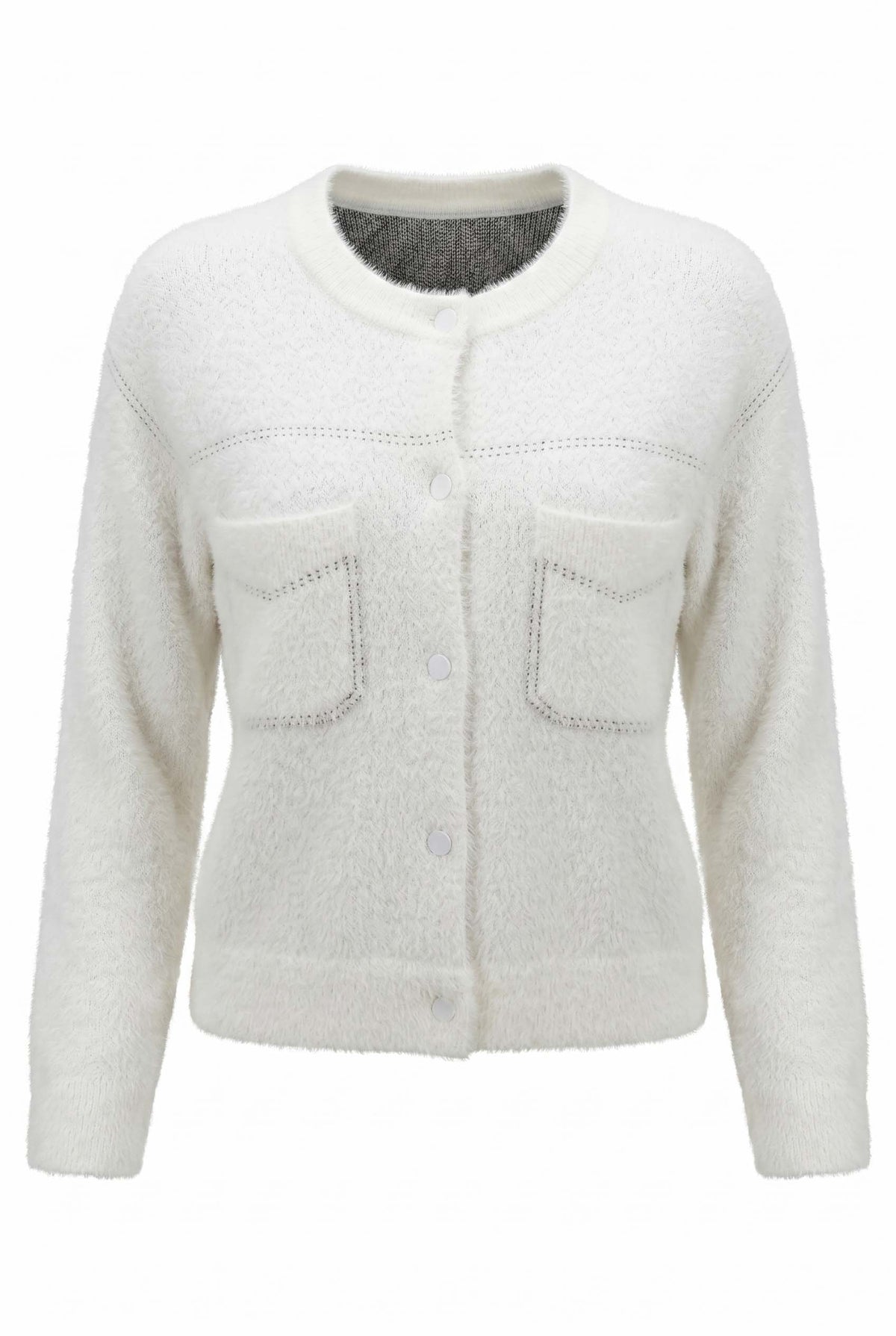 Women's white textured knit jacket with crew neck, buttons and two front pockets