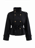 Women's black short trench coat with high collar, button front and tie belt