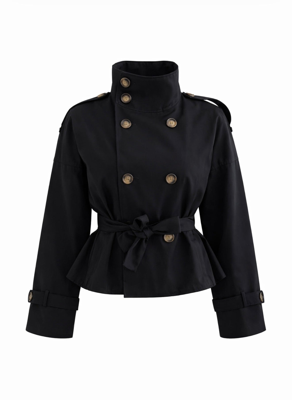 Women's black short trench coat with high collar, button front and tie belt