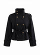Women's black short trench coat with high collar, button front and tie belt