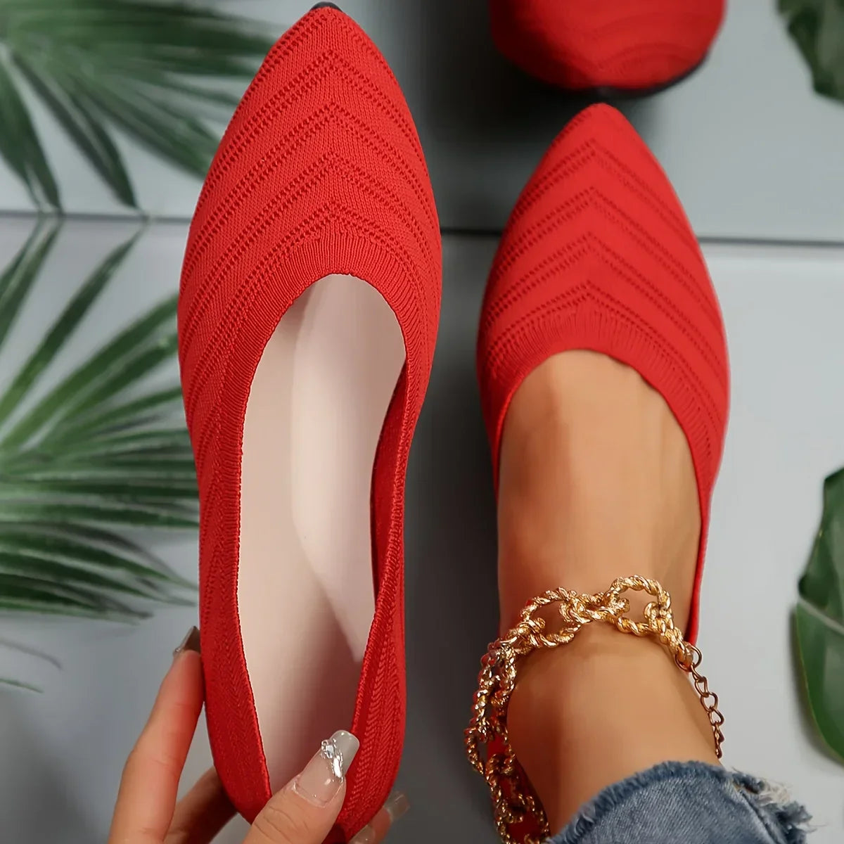 Women's pointed toe knit ballet flats with chevron detailing