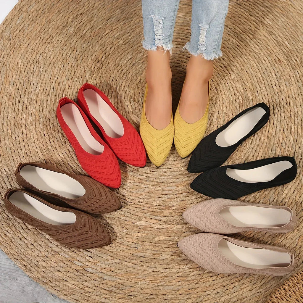 Women's pointed toe knit ballet flats with chevron detailing