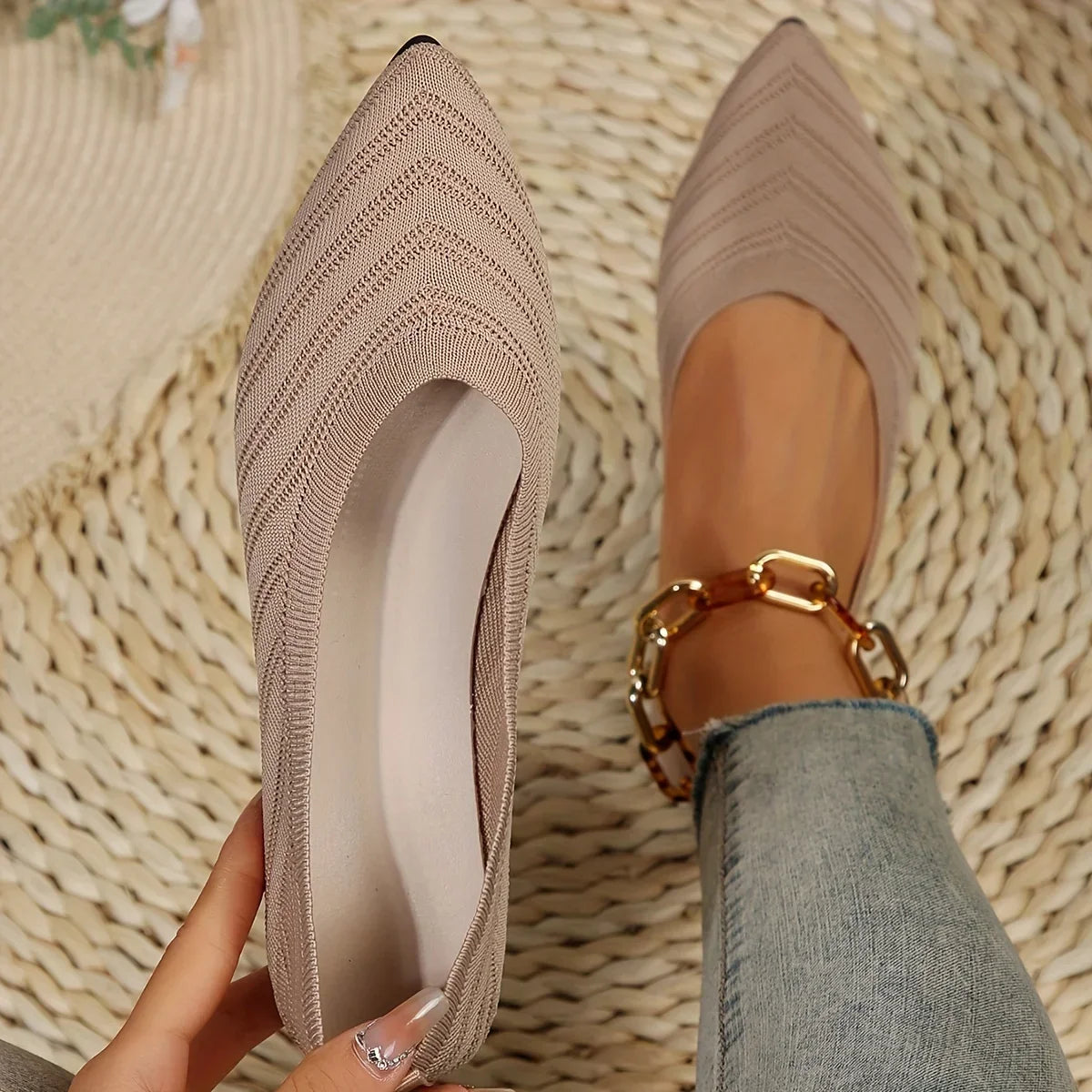 Women's pointed toe knit ballet flats with chevron detailing