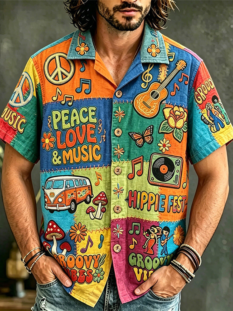 Men's multicolor patchwork graphic shirt with music-themed artwork