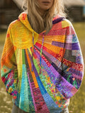 Women's colourful geometric patchwork hoodie with hood and long sleeves