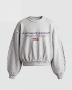 Grey cropped crew neck sweatshirt with long sleeves, distressed trims and USA sports graphic