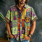 Men's short-sleeve patchwork shirt with peace signs and guitar motifs