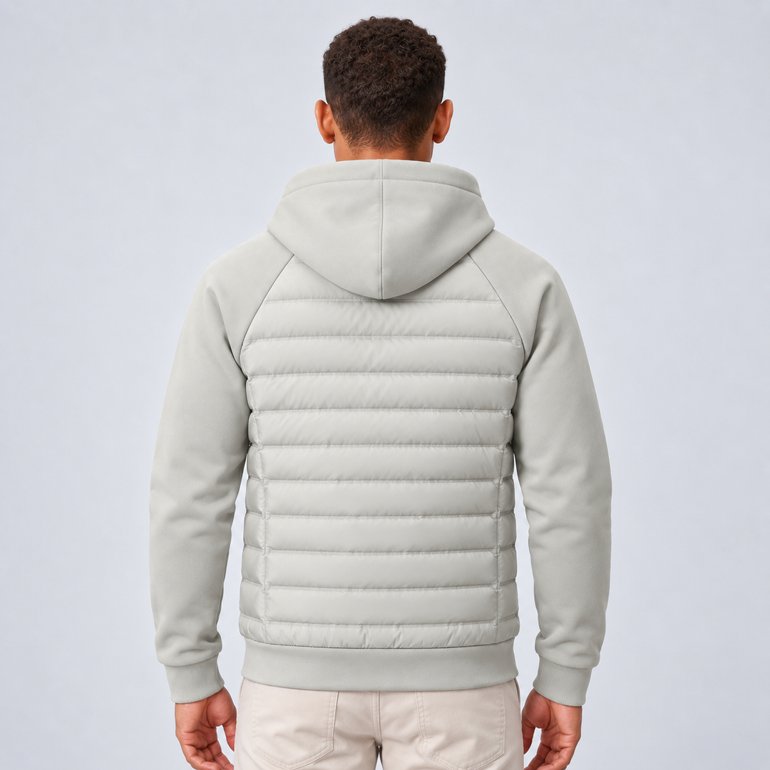 Men's hooded jacket with quilted front panels, knit sleeves and zip front