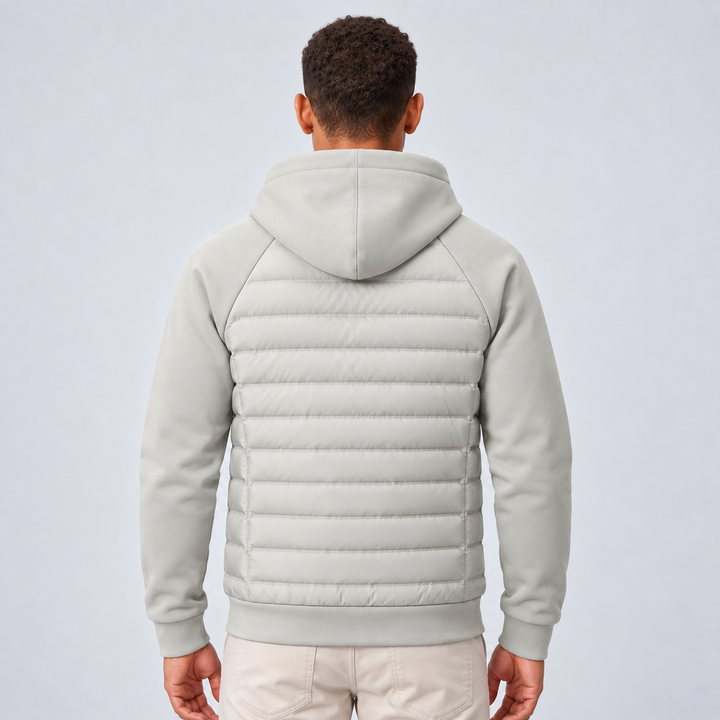 Men's hooded jacket with quilted front panels, knit sleeves and zip front