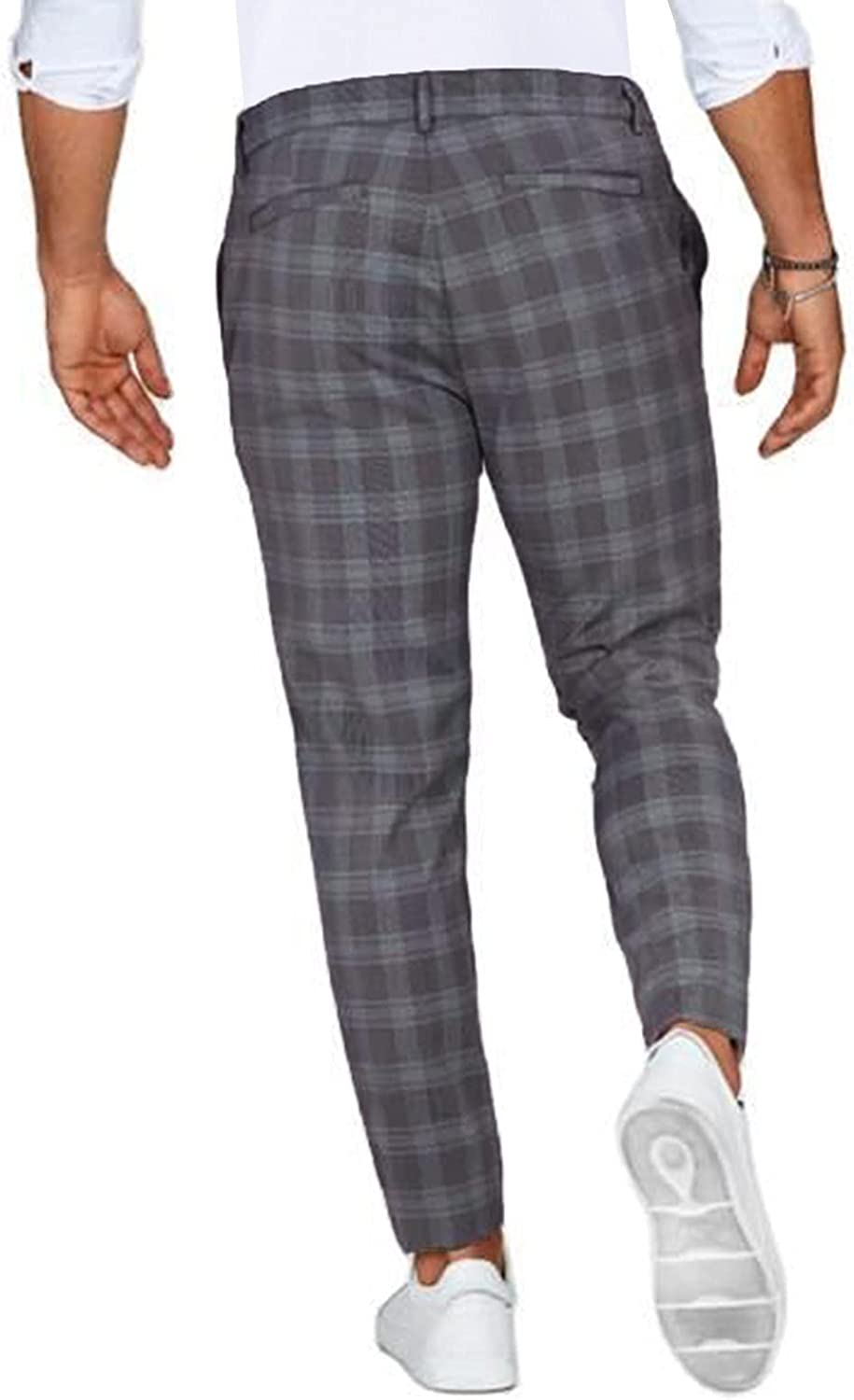 Men's checked slim leg chino trousers with belt loops and full-length cut