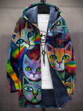 Unisex multicoloured cat print zip-up hoodie with hood and long sleeves