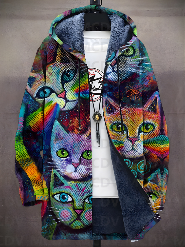 Unisex multicoloured cat print zip-up hoodie with hood and long sleeves