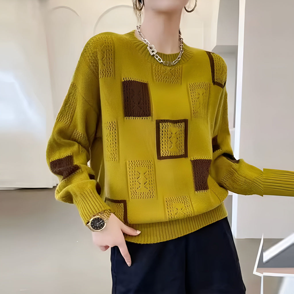 Women's geometric patchwork knit sweater with crew neck and long sleeves